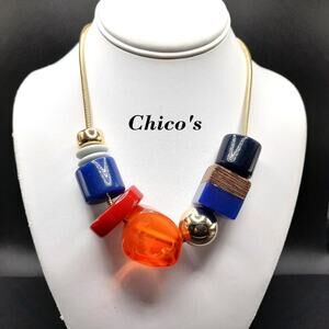 Chico's Chunky Acrylic Bead Necklace, Gold Tone Snake Chain, 22 Inches